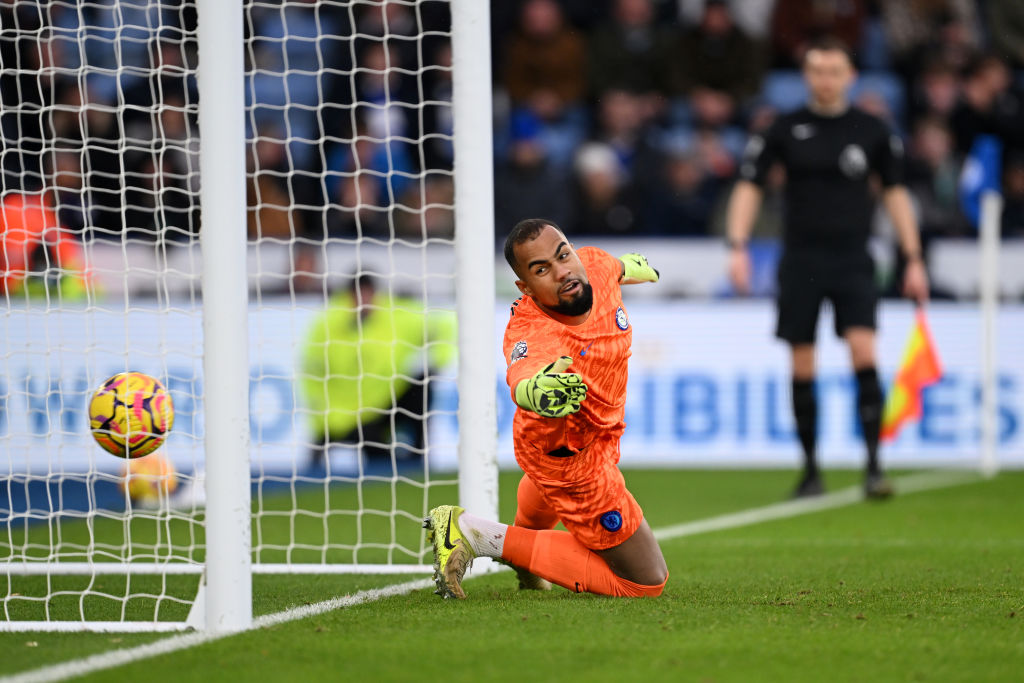 LEICESTER, ENGLAND - NOVEMBER 23: Robert Sanchez of Chelsea fails to save a penalty scored by Jordan Ayew of Leicester City (not pictured) during the Premier League match between Leicester City FC and Chelsea FC at The King Power Stadium on November 23, 2024 in Leicester, England. (Photo by Michael Regan/Getty Images)