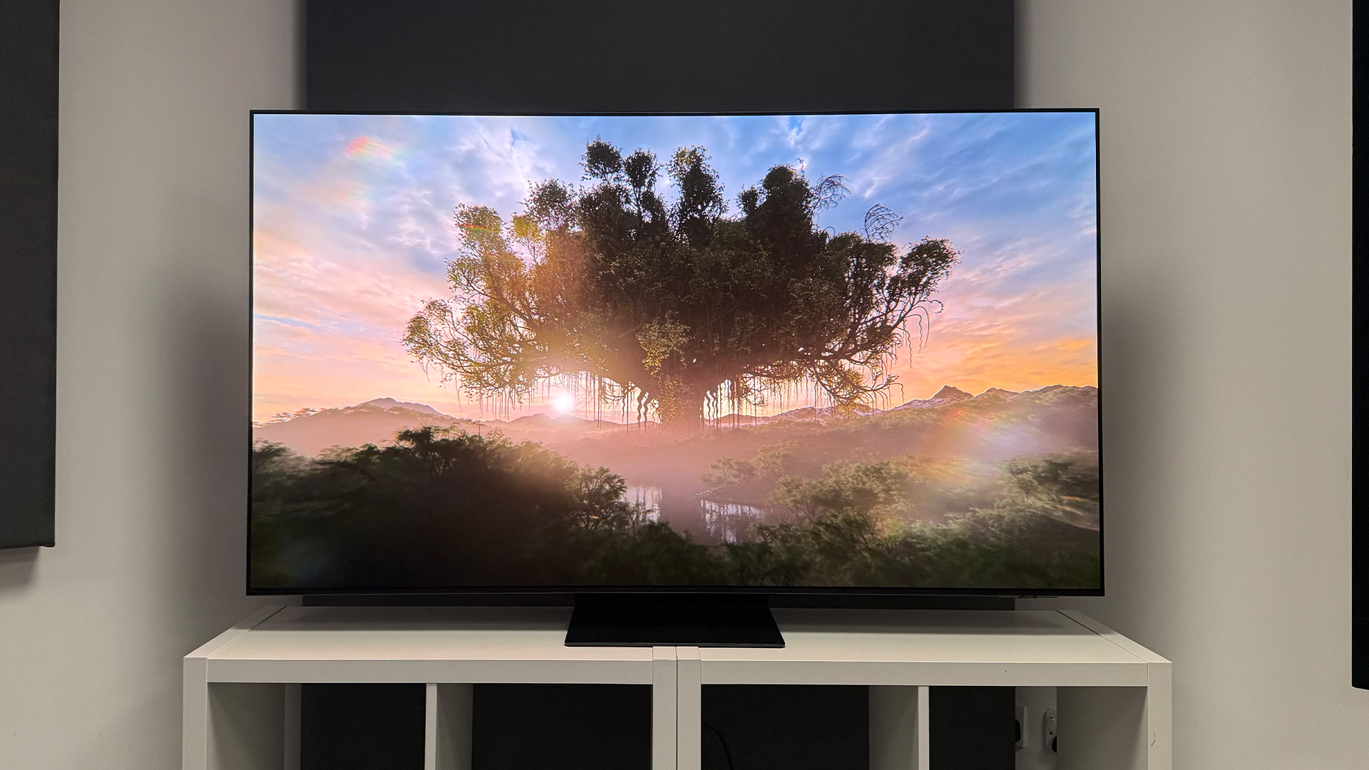 Samsung S95F OLED TV on white wooden furniture, on screen is tree against dramatic sunset
