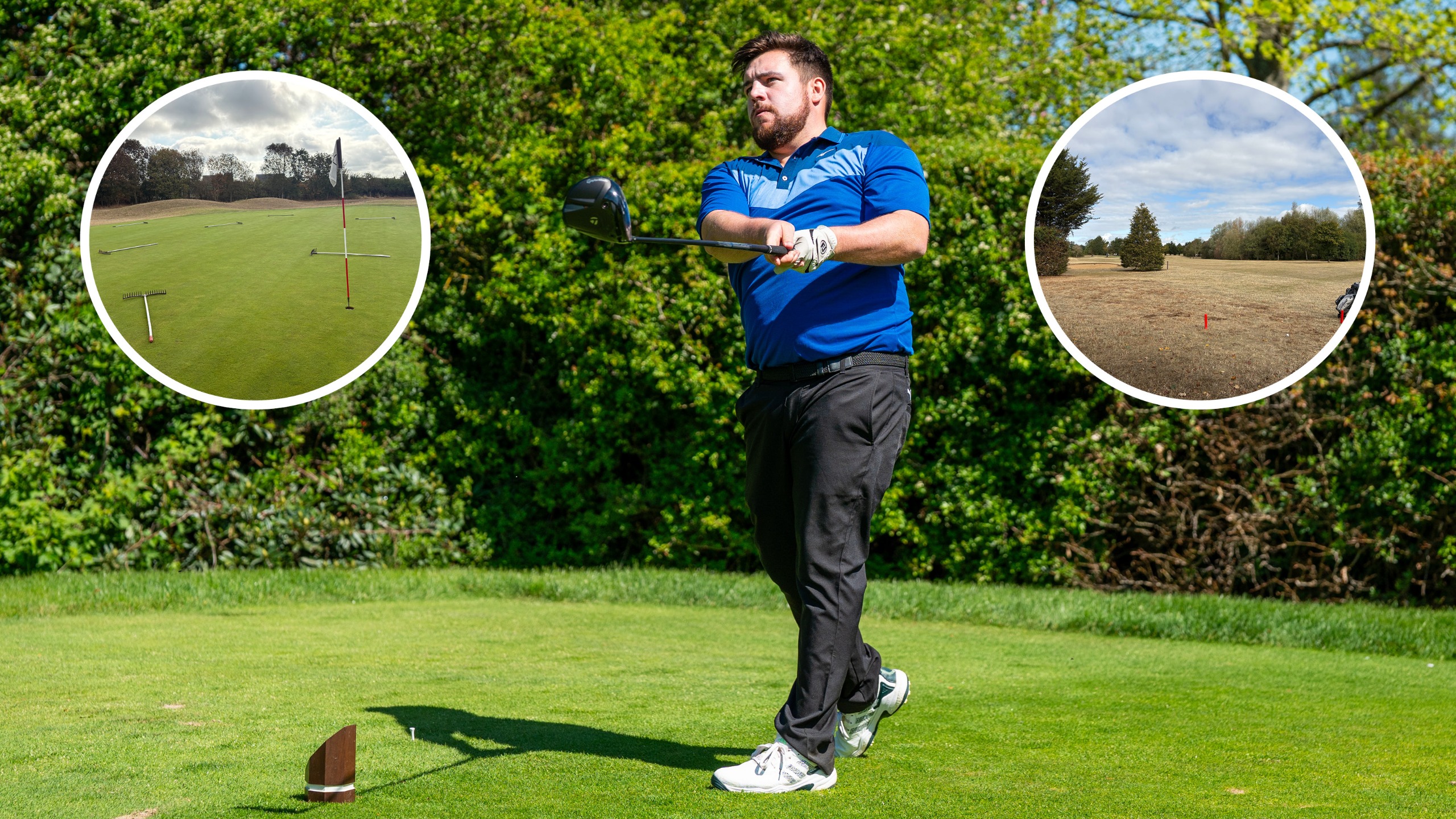 A golfer hits a ball off the tee, with two pictures either side