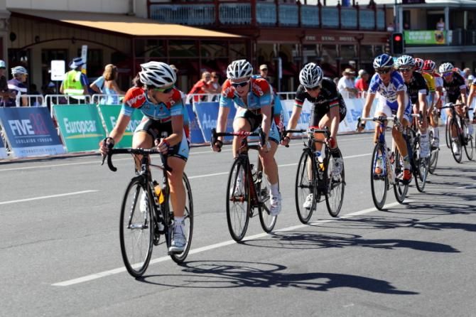 Amy Cure leads team-mate, Isabella King (Jayco-AIS) at the front of the chase