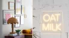 Rattan table lamp and oat milk neon wall sign