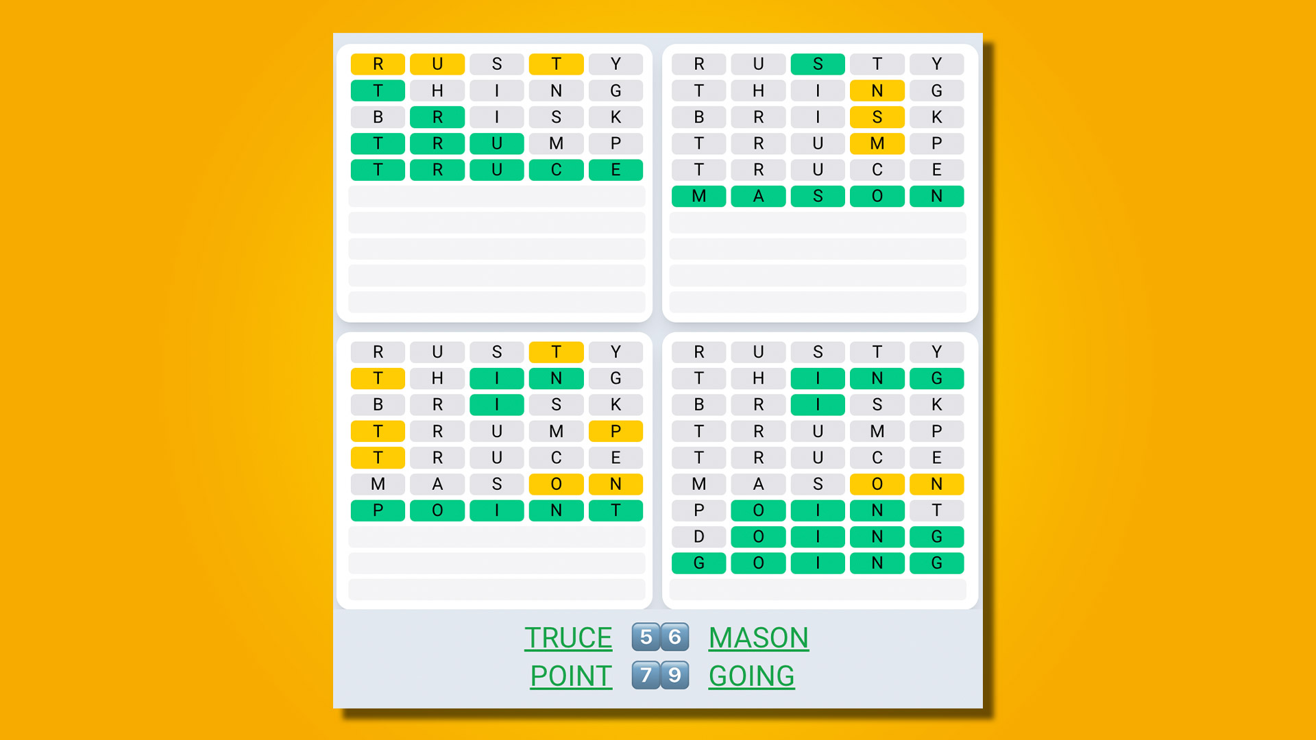 Quordle daily sequence answers for game 516 on a yellow background