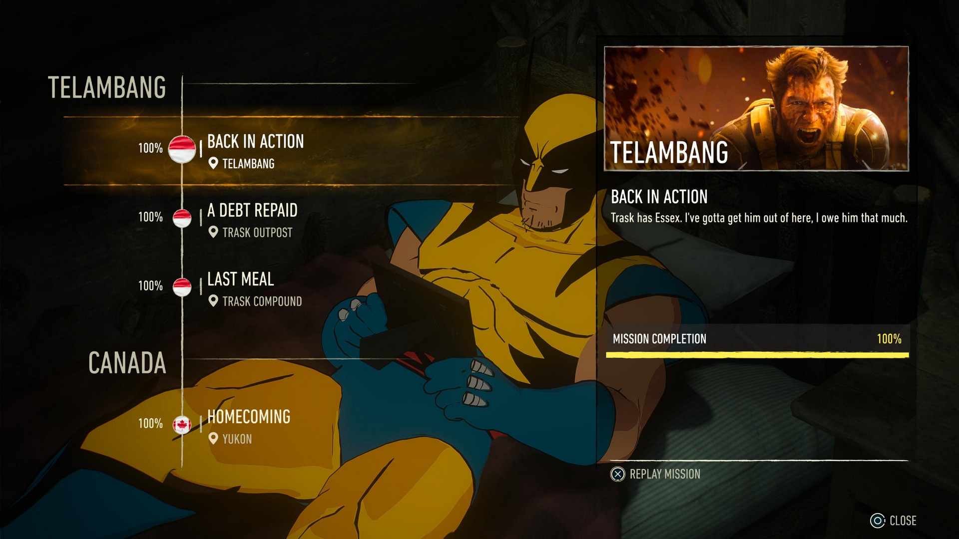 Logan looks at a photograph while reclined in bed in Marvel's Wolverine, referencing the X-Men cartoon meme, during the mission select screen - he is wearing a cel-shaded skin to mimic the cartoon