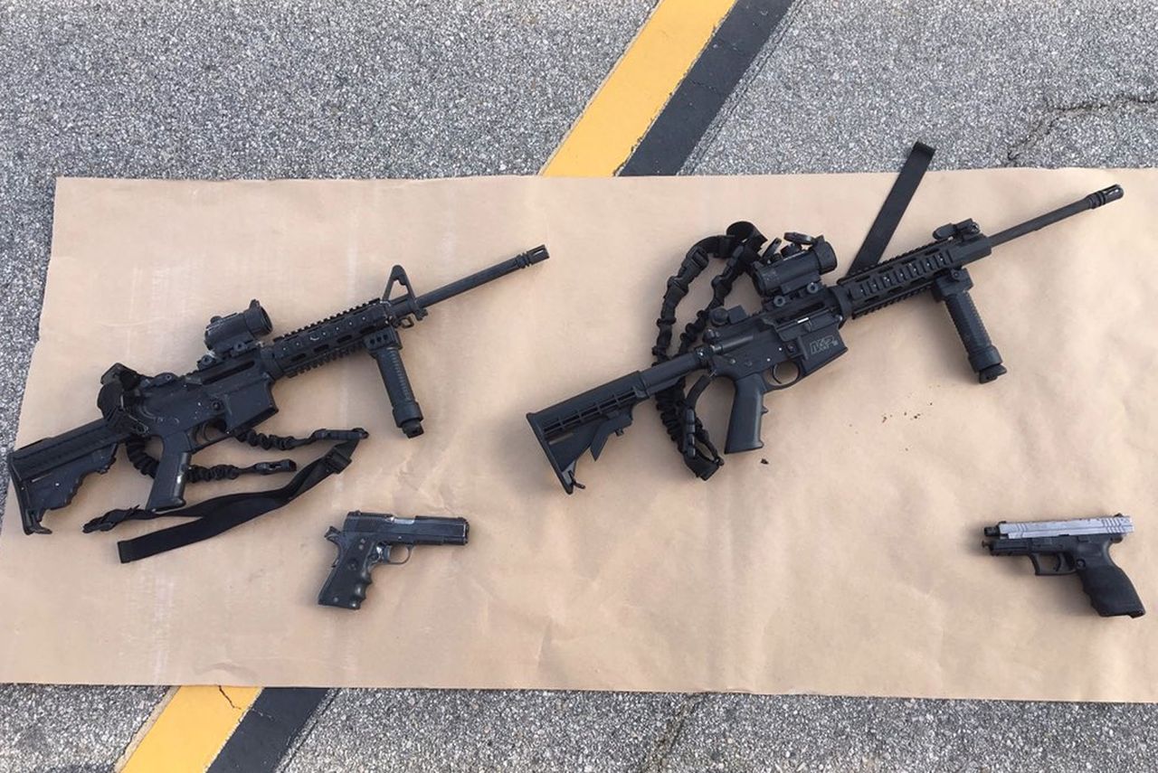 weapons carried by suspects at the scene of a shootout in San Bernardino, California.