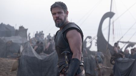 Odysseus (Matt Damon) looks over his shoulder in The Odyssey.