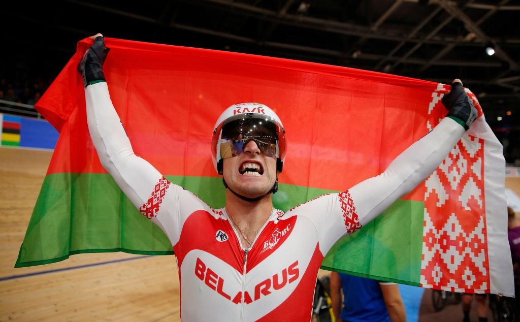 Belarus Yauheni Karaliok celebrates winning the mens 15 km Scratch Race final at the UCI track cycling World Championship at the velodrome in Berlin on February 27 2020 Photo by Odd ANDERSEN AFP Photo by ODD ANDERSENAFP via Getty Images