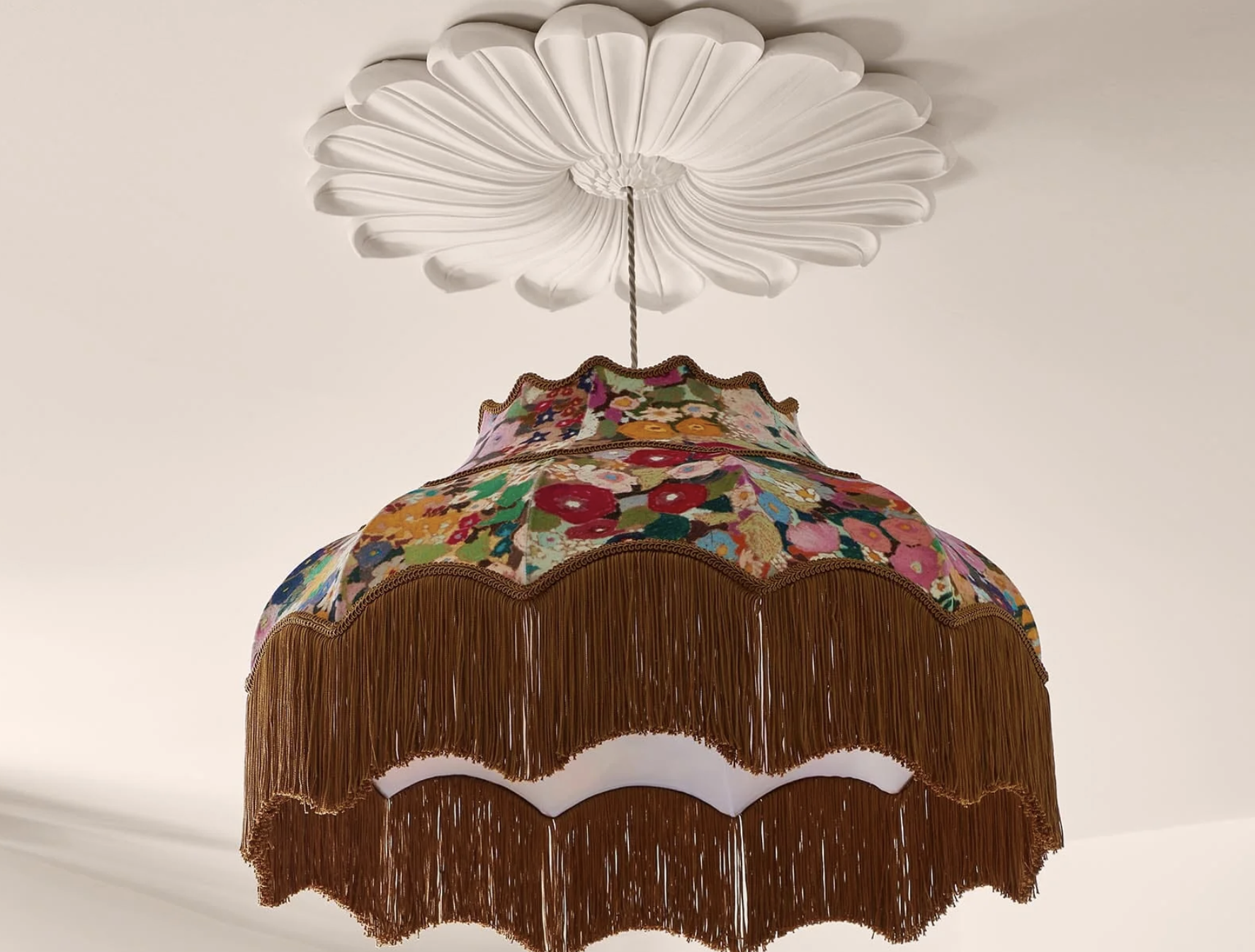 patterned ceiling lampshade with fringed trim