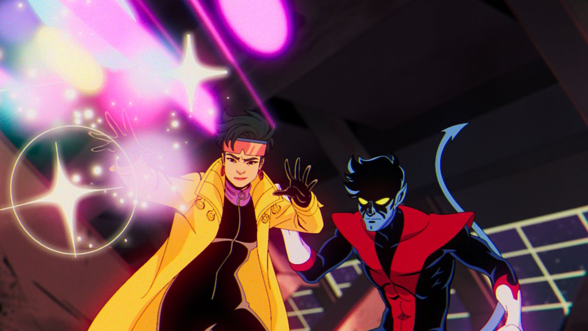 Jubilee shooting her plasmoids while Nightcrawler stands by her in X-Men &#039;97