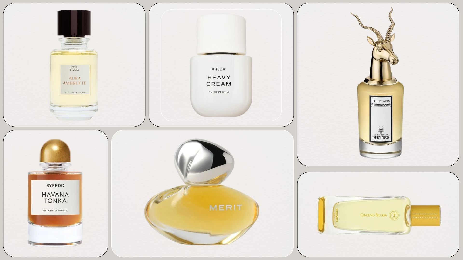 A collage of new-in perfumes from M&amp;S, Phlur, Penhaligon's, Byredo, Merit and Hermes