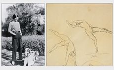 The photo to the left shows a black & white portrait of Gabrielle Chanel with her dog. The photo to the right shows ’Acrobats’ by Pablo Picasso.