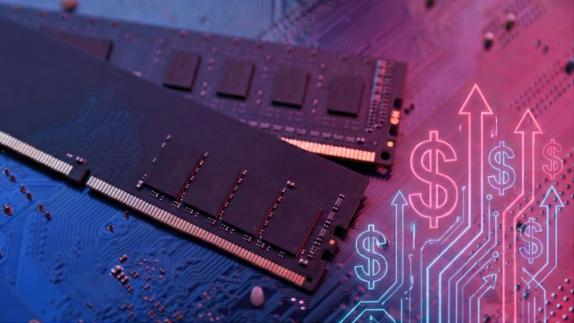 RAM on a motherboard with dollar signs and up arrows