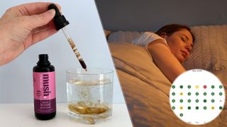On the left, a close up of a hand holding a pipette adding Reishi mushroom extract to a glass. On the left, sleep writer Ruth Jones sleeps in a dimly lit room. In the bottom right corner is a screenshot of a month of sleep tracking from a Withings Health app.