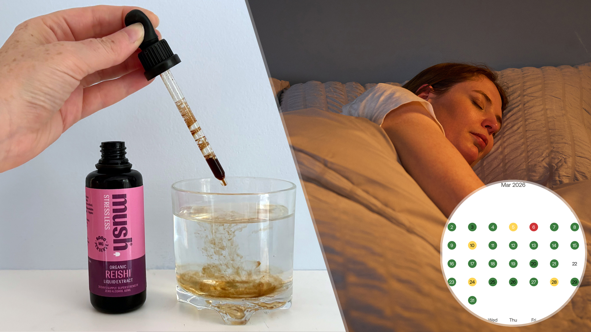 On the left, a close up of a hand holding a pipette adding Reishi mushroom extract to a glass. On the left, sleep writer Ruth Jones sleeps in a dimly lit room. In the bottom right corner is a screenshot of a month of sleep tracking from a Withings Health app.