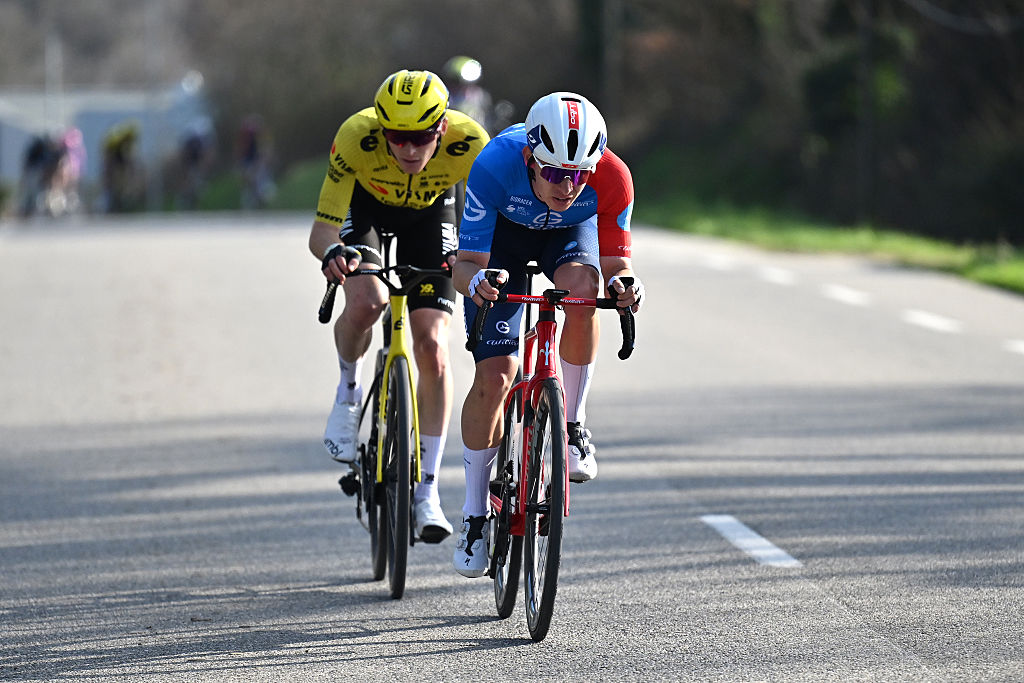 ETOILE-SUR-RHONE, FRANCE - MARCH 01: (L-R) Matteo Jorgenson of United States and Team Visma | Lease a Bike and Romain Gregoire of France and Team Groupama - FDJ United compete in the breakaway during the 14th Faun Drome Classic 2026 a 189km one day race from Etoile-sur-Rhone to Etoile-sur-Rhone on March 01, 2026 in Etoile-sur-Rhone, France. (Photo by Billy Ceusters/Getty Images)