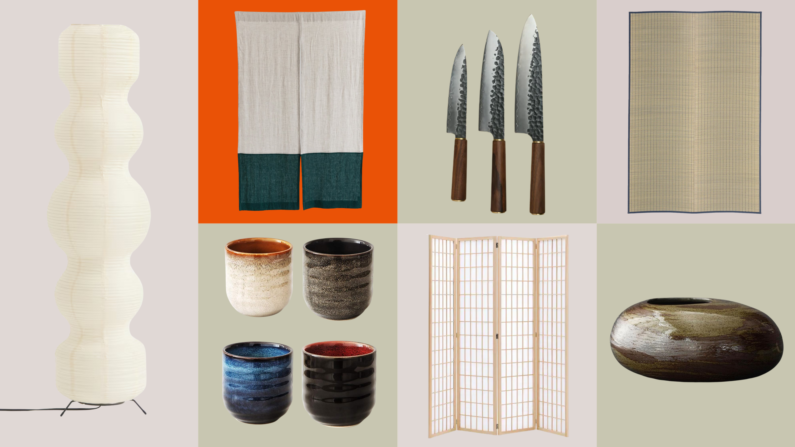 A grid of products including a rice paper lamp, Japanese noren, a set of tea cups, Japanese knives, a wood room divider, tatami mat, and a vase