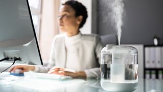 woman working at her desk with a humidifier besides her
