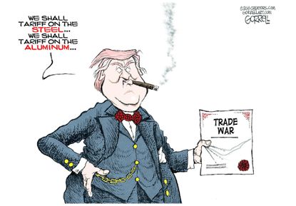 Political cartoon U.S. Trump trade war steel industry tariffs aluminum industry Winston Churchill