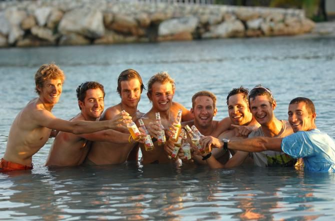Riders enjoy a beer in 2007