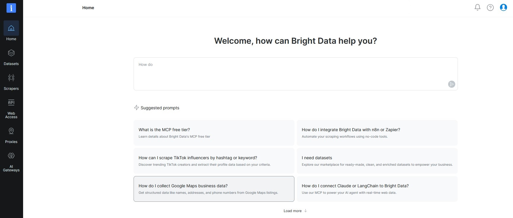Bright Data dashboard main page