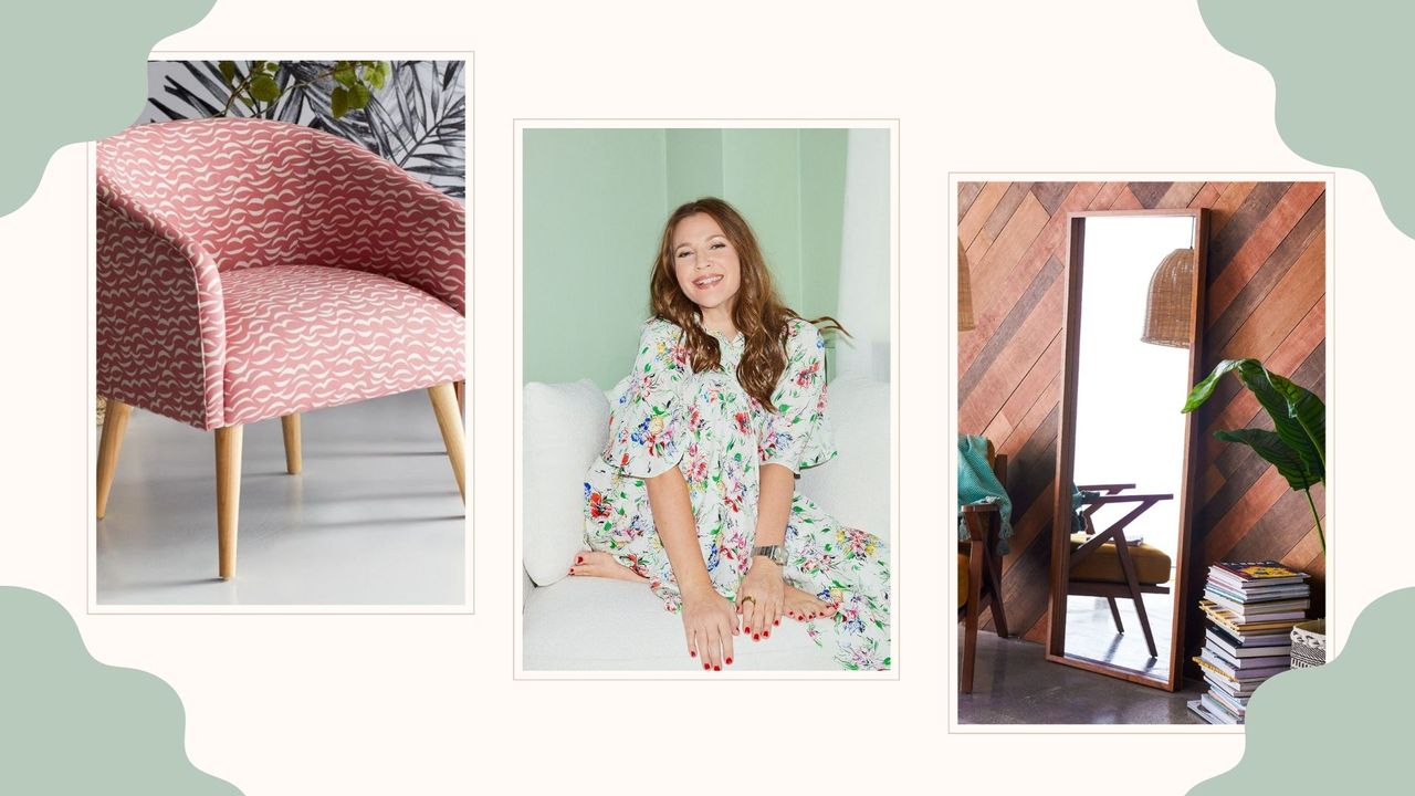 Three pieces from Drew Barrymore&#039;s furniture collection on a collage background.