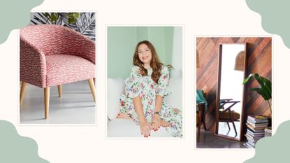 Three pieces from Drew Barrymore's furniture collection on a collage background.