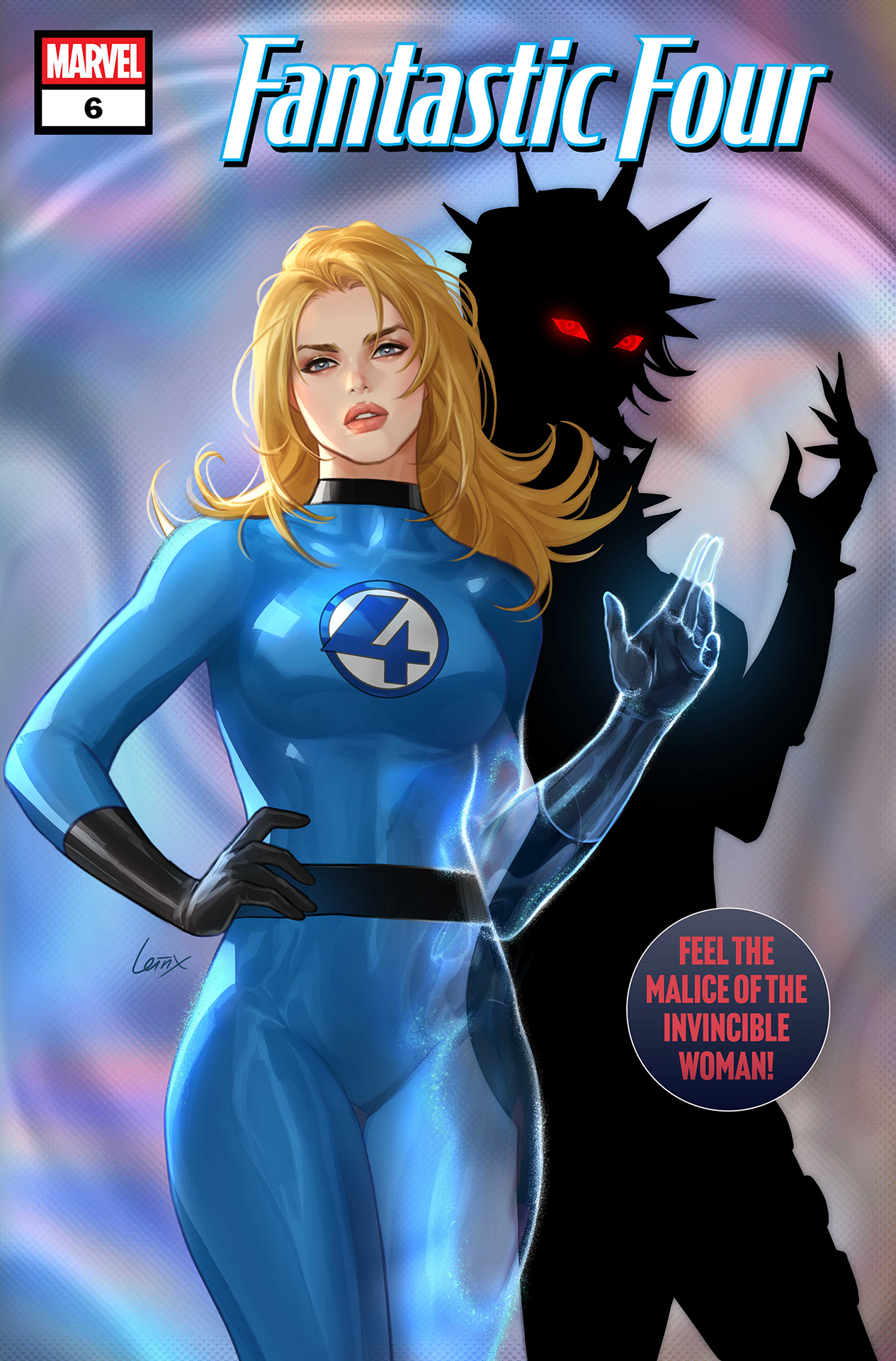 Sue Storm standing in front of her shadow, which is shaped like Malice