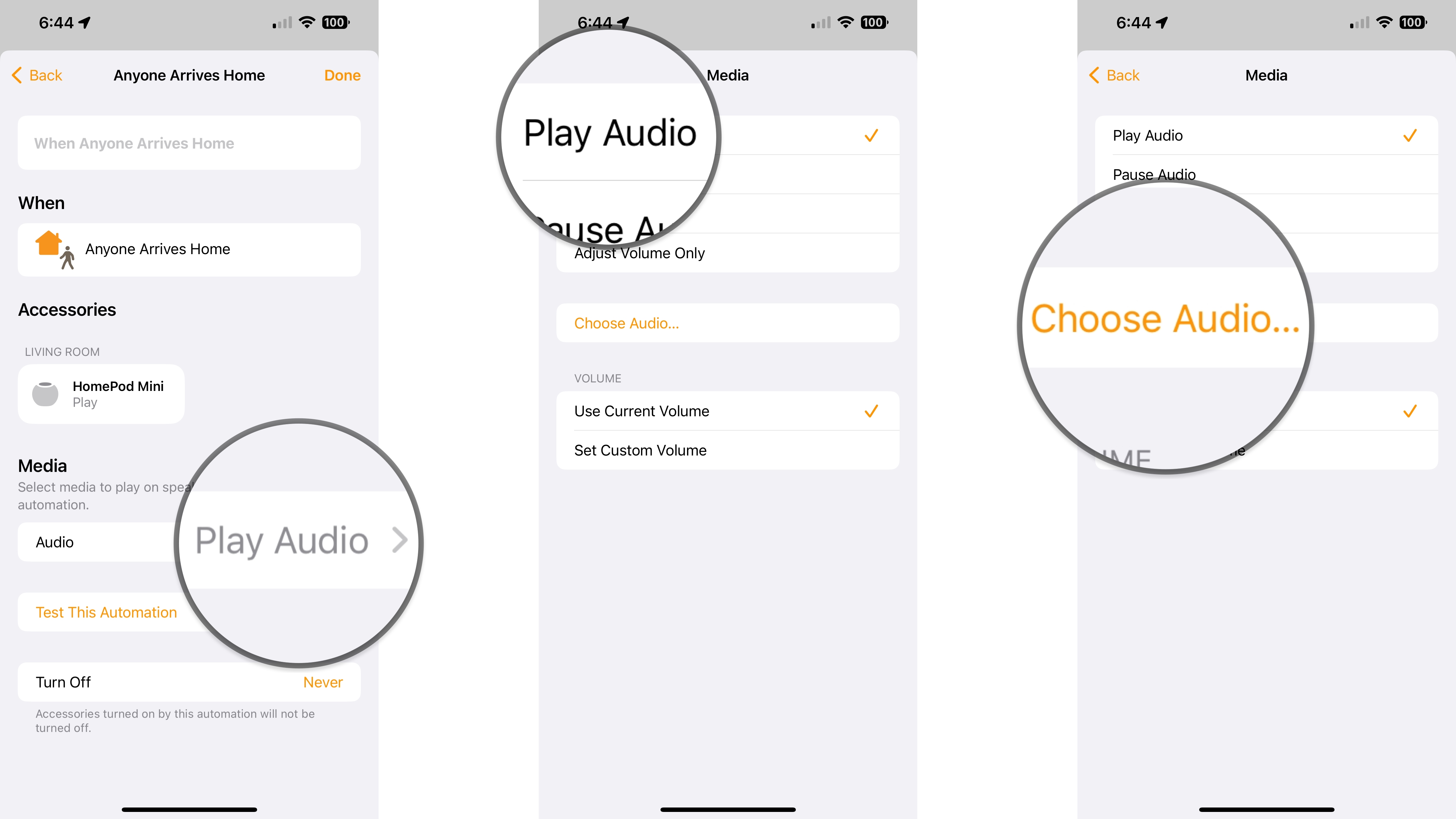 How to set up HomePod to play music when you arrive home on the iPhone by showing steps: Tap Play Audio, Tap Play Audio, Tap Choose Audio...