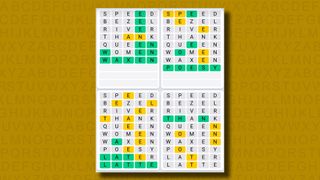 Quordle Daily Sequence answers for game 1099 on a yellow background