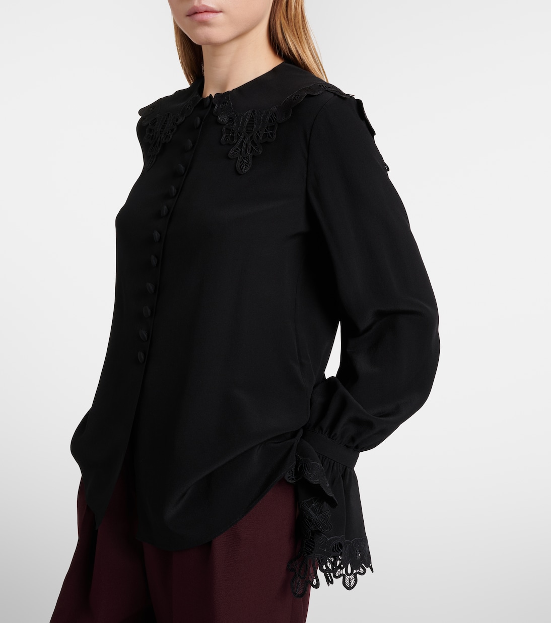 Embroidered Silk Cr&ecirc;pe De Chine Blouse in Black - Chloe