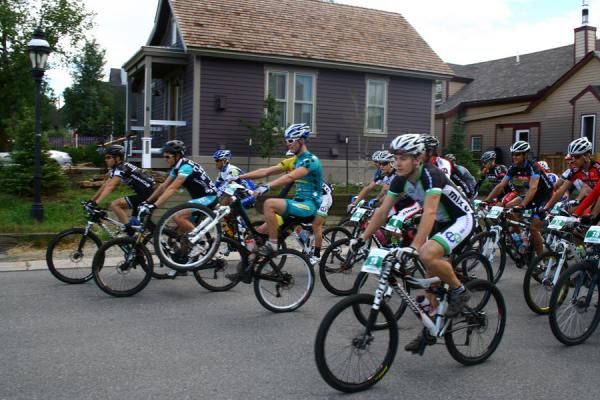 Macky Franklin (Yeti) wheelies off the start line of 2011 Breck Epic Stage 2.