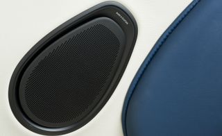 Audio speaker in door with cream and blue leather trim