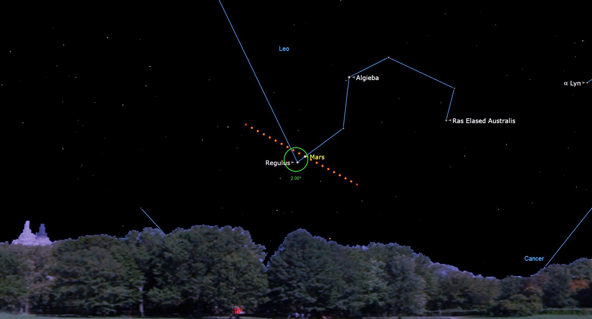 Night sky map showing Mars gliding Past Regulus.