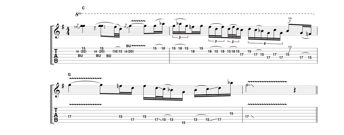 This is another phrase from the G blues scale but in a higher register. After the unison bends Joe enters highly embellished Clapton territory, similar to example 2, but busier!