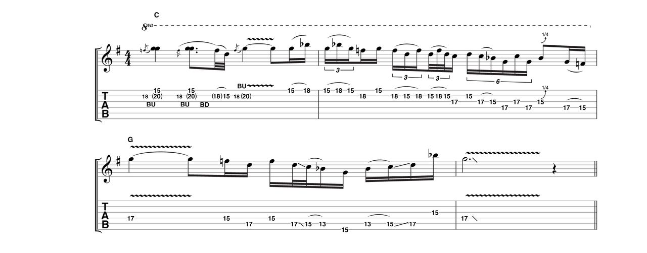 This is another phrase from the G blues scale but in a higher register. After the unison bends Joe enters highly embellished Clapton territory, similar to example 2, but busier!
