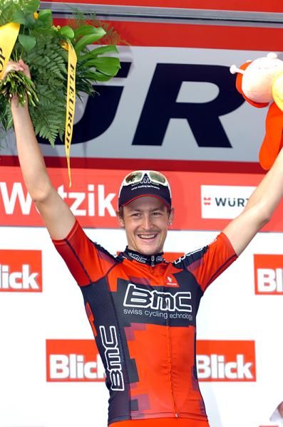 Marcus Burghardt (BMC) on the podium after winning stage 7 of the Tour de Suisse