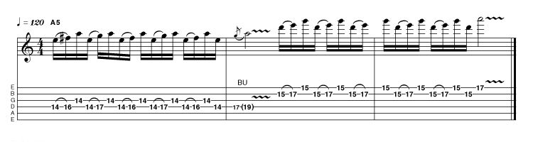 The first bar of this example features a triplet hammer-on pattern that toggles between the use of the major 6th and the flattened 7th intervals, both present in the harmonically appropriate Dorian mode (R 2 b3 4 5 6 b7). Paul Kossoff was particularly fond of using this kind of idea. He also had one of the best vibratos in rock (ask Joe Bonamassa), so we'd urge you to check him out!