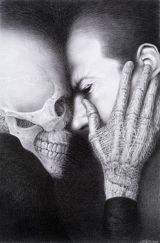 An image of a skeleton grabbing a woman's face by one of the best horror artists