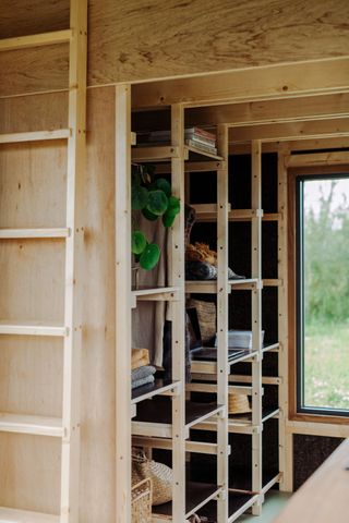 Storage shelving inside the tiny eco home