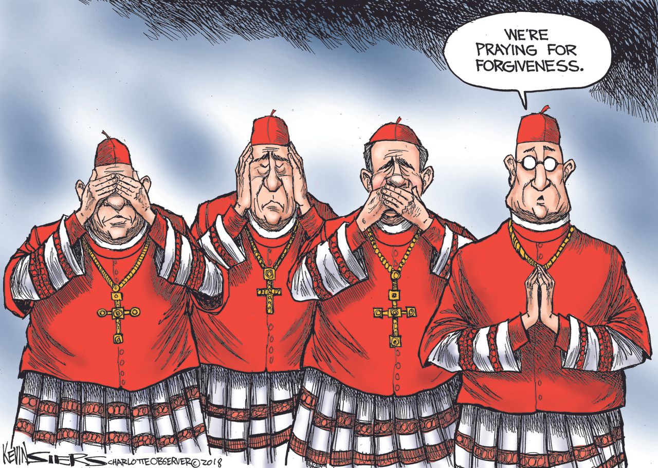 Editorial cartoon U.S. Catholic church sex abuse scandal coverup praying