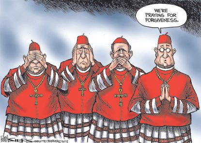 Editorial cartoon U.S. Catholic church sex abuse scandal coverup praying