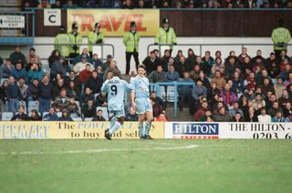 Peter Ndlovu (left) celebrates after putting Coventry in front against West Ham United, 18th February 1995.