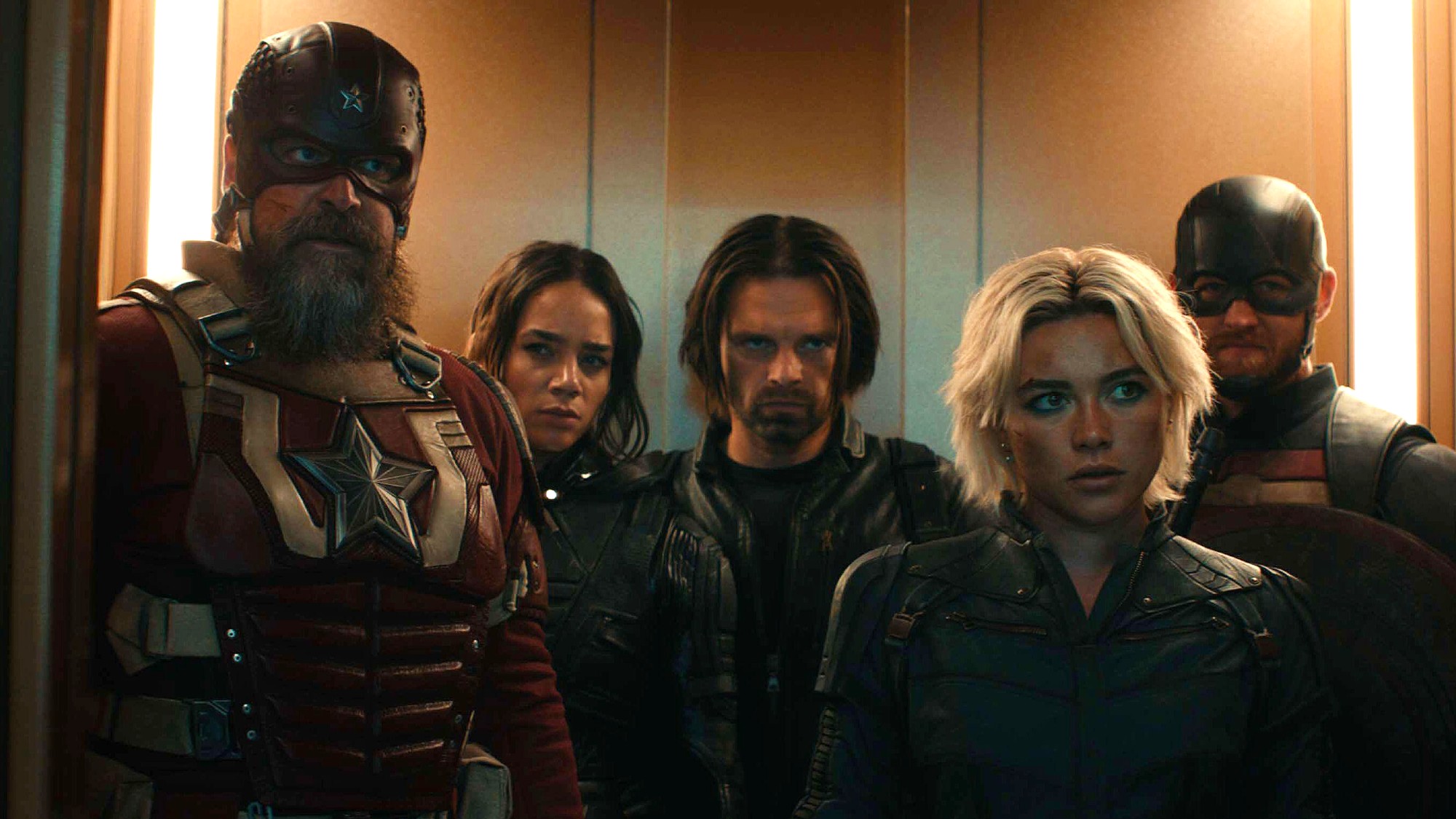 (From L to R) David Harbour as Alexei Shostakov, Hannah John-Kamen as Ava Starr, Sebastian Stan as Bucky Barnes, Florence Pugh as Yelena Belova, and Wyatt Russell as John Walker in Thunderbolts.
