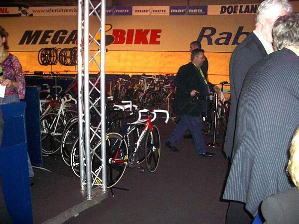 The closely guarded bike pit. Matt Gilmore's Eddy Merckx shelters Slippens and Stam's carbon Giants