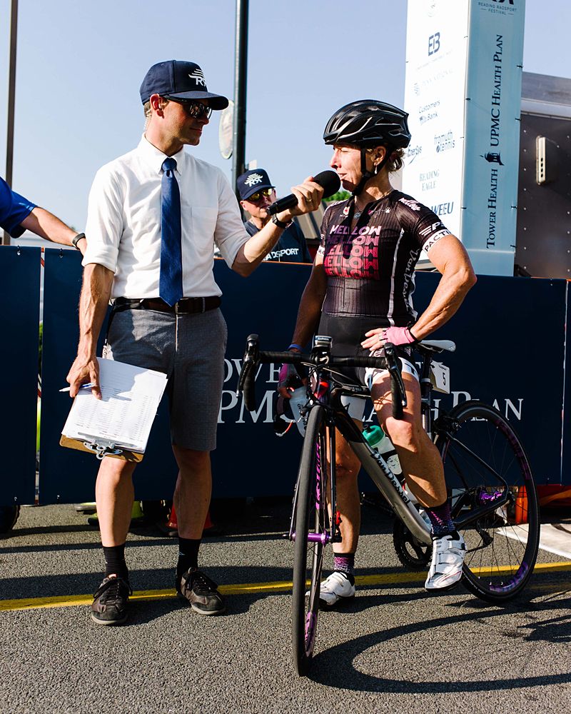 Laura Van Gilder (Mellow Mushroom Pizza Bakers) get's interviewed after her second place finish. This legendary racer is always a presence in the US races
