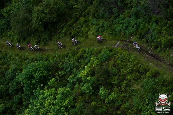 The men's leaders snaking their way through old logging dualtrack.