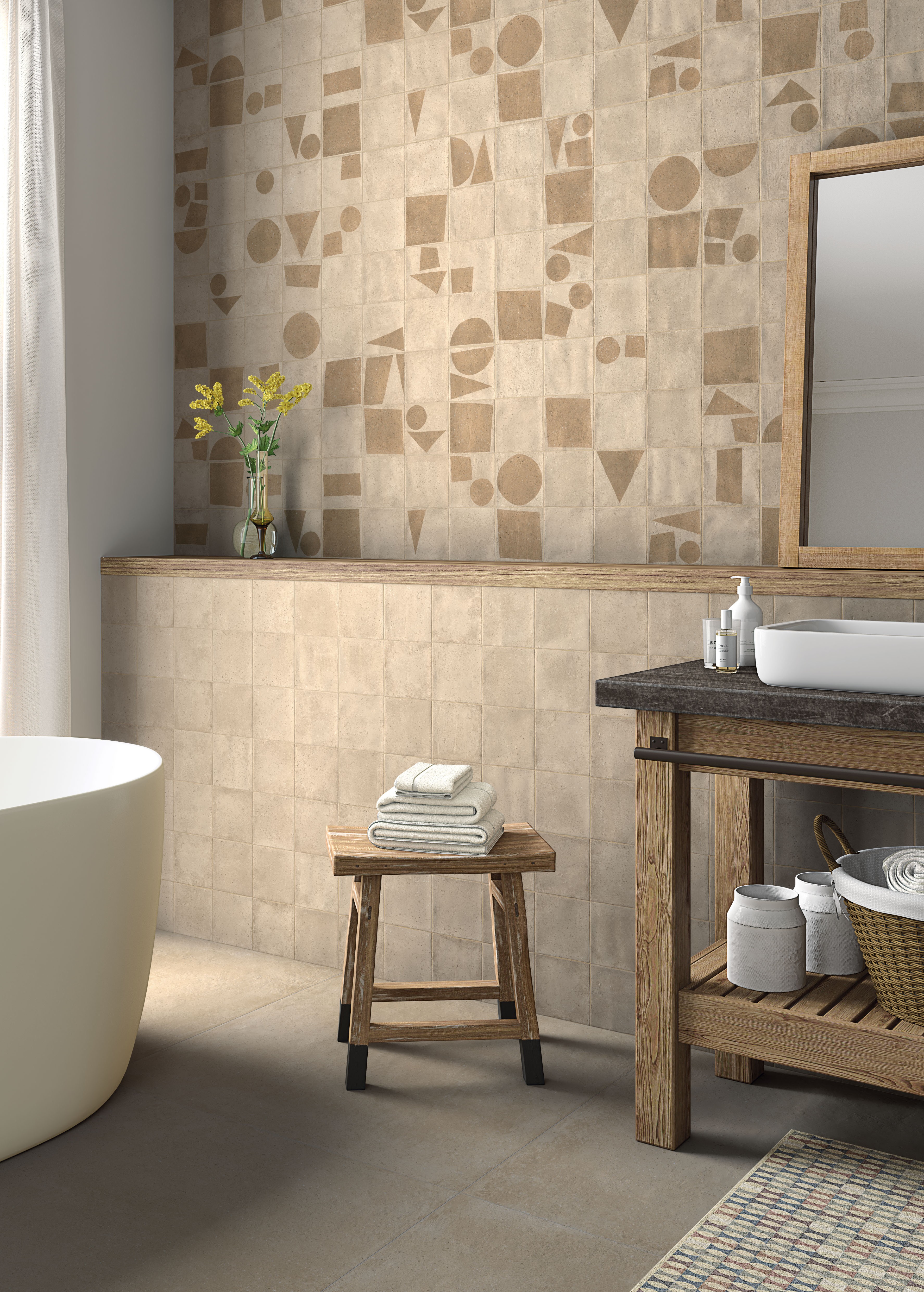 Contrasting wall and bathroom floor tiles with a stool and towels on top