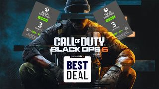 Call of Duty Black Ops 6&#039;s cover art with two Game Pass Ultimate vouchers behind the characters shoulders