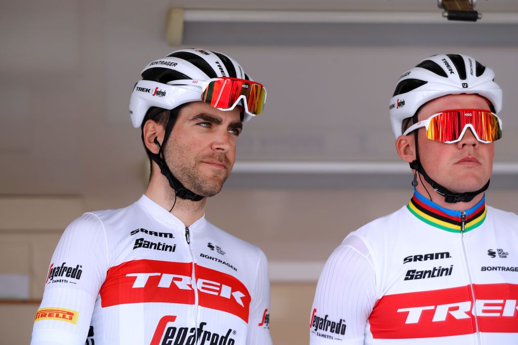 MARSEILLE FRANCE JANUARY 30 LR Tony Gallopin of France and Mads Pedersen of Denmark and Team Trek Segafredo during the team presentation prior to the 43rd Grand Prix La Marseillaise 2022 a 1743km race from ChteauGombert to Marseille GPLM2022 on January 30 2022 in Marseille France Photo by Bas CzerwinskiGetty Images