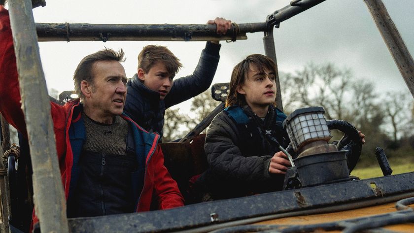 (From left to right) Nicolas Cage as Paul, Maxwell Jenkins as Thomas, and Jaeden Martell as Joseph in Arcadian (2024). 