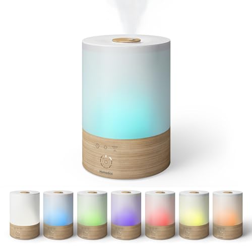 Homedics Cool Mist Ultrasonic Humidifier, 8-Colors Night Light, 0.66 Gal Top-Fill Tank, 24hr Runtime, 3 Mist Settings, 360&amp;deg; Mist for 329 Sq Ft Rooms, Aromatherapy, Clean Tank Tech, Auto Shutoff